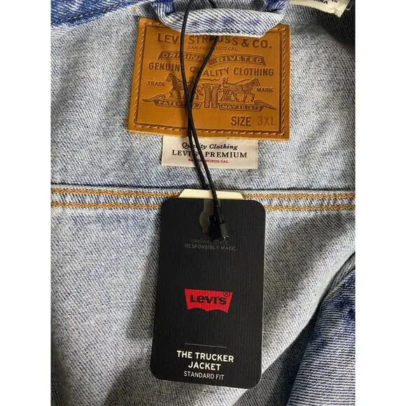 NWT LEVI'S JEAN JACKET MENS PREMIUM TRUCKER DISTRESSED PATCHWORK DENIM BLUE